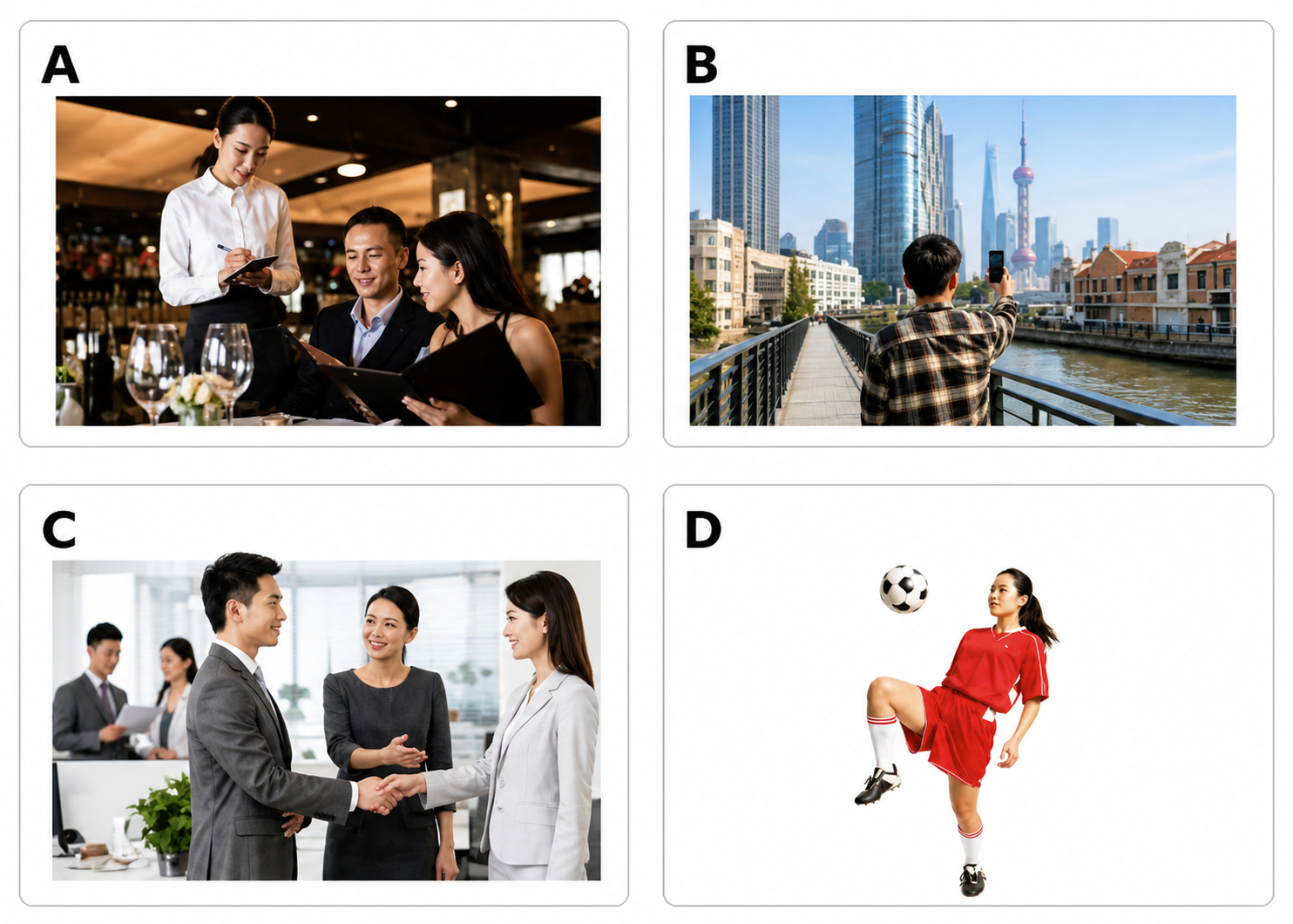 Bốn hình lựa chọn theo thứ tự A, B, C, D; chữ cái nằm ở radio bên dưới